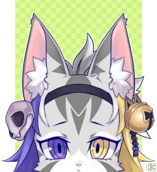 Rule 34 | 1girl, :&lt;, animal ear fluff, animal ears, animal nose, bell, black hairband, blonde hair, braid, cat ears, cat girl, cat skull, checkered background, commentary, dated, furry, furry female, green background, grey fur, grey hair, hair ornament, hairband, heterochromia, high ponytail, highres, jingle bell, ko myth, multicolored hair, pillarboxed, purple eyes, purple hair, quantum (housamo), self-upload, signature, skull hair ornament, solo, tokyo houkago summoners, yellow eyes