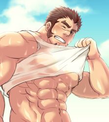 Rule 34 | 1boy, abs, akashi (live a hero), bara, blush, clothes lift, cloud, cloudy sky, facial hair, goatee, large pectorals, live a hero, long sideburns, looking at viewer, male focus, muscular, muscular male, navel, nipples, one eye closed, pectorals, red hair, scar, scar on face, scar on nose, see-through, shirt, shirt lift, short hair, sideburns, sky, solo, stomach, sunfight0201, sweat, tank top, thick eyebrows, underpec, upper body, wet, wet clothes, wet shirt, white tank top