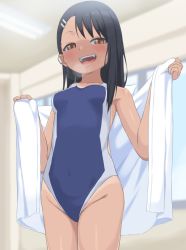 Rule 34 | 1girl, black hair, breasts, brown eyes, bubukka, competition swimsuit, dark-skinned female, dark skin, fang, female focus, ijiranaide nagatoro-san, long hair, looking at viewer, nagatoro hayase, one-piece swimsuit, open mouth, shirt, small breasts, smile, solo, standing, steam, swimsuit, tan, tanline, teeth, thighs, upper teeth only, white shirt