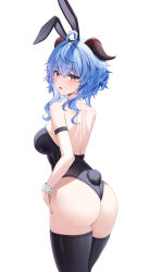 Rule 34 | 1girl, absurdres, ahoge, alternate costume, ass, bare back, bare shoulders, black leotard, black thighhighs, blue hair, blush, breasts, ganyu (genshin impact), genshin impact, goat horns, hasom, highres, horns, leotard, long hair, looking at viewer, looking back, medium breasts, open mouth, playboy bunny, purple eyes, solo, strapless, strapless leotard, thighhighs, white background, wrist cuffs