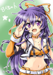 Rule 34 | 1girl, ahoge, arm strap, belt, bikini, bikini top only, breasts, carrie tercel, choker, cleavage, commentary request, dated, detached sleeves, green background, hair ribbon, jacket, long hair, looking at viewer, lyrical nanoha, magical girl, medium breasts, navel, open clothes, open jacket, open mouth, orange bikini, orange choker, orange ribbon, orange shorts, purple eyes, purple hair, ribbon, san-pon, shorts, smile, solo, standing, swimsuit, twitter username, upper body, vivid strike!, waving, white belt, white jacket