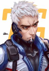 Rule 34 | 1boy, blue eyes, cigarette, frown, greenteaa, jacket, male focus, mask, overwatch, overwatch 1, pouch, scar, short hair, signature, smoking, soldier: 76 (overwatch), solo, white hair