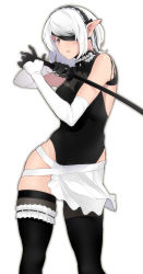 Rule 34 | 1girl, absurdres, apron, bare shoulders, black thighhighs, blush, breasts, elbow gloves, elf, eyepatch, gloves, hairband, highres, holding, holding sword, holding weapon, kagto (alterna), katana, leotard, lolita hairband, looking at viewer, maid, medium hair, original, pointy ears, ponytail, red eyes, solo, sword, thighhighs, weapon, white hair