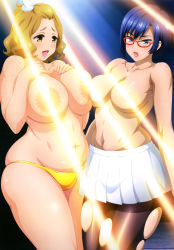 Rule 34 | 10s, 2girls, :d, :o, absurdres, aqua eyes, areola slip, asymmetrical docking, bangs pinned back, bikini, bikini bottom only, black legwear, blonde hair, blue eyes, blue hair, blush, bow, breast press, breast suppress, breasts, brown eyes, brown hair, censored, cleavage, collarbone, convenient censoring, cowboy shot, from side, glasses, gradient background, groin, hair bow, highres, huge breasts, kaneko hiraku, kouzuki (valkyrie drive), large areolae, large breasts, light censor, light rays, lipstick, looking down, makeup, miniskirt, multiple girls, nail polish, navel, non-web source, nyantype, official art, open mouth, pantyhose, pink lips, pink nails, pleated skirt, plump, raised eyebrows, red-framed eyewear, scan, shigure kasumi, short eyebrows, short hair, skindentation, skirt, smile, striped, striped background, sunbeam, sunlight, sweat, swimsuit, symmetrical docking, thick thighs, thighs, topless, torn clothes, torn legwear, valkyrie drive, valkyrie drive -mermaid-, wavy hair, wide hips, yellow bikini, yellow eyes