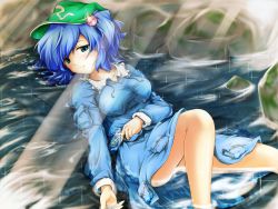Rule 34 | 1girl, blue eyes, blue hair, blush, breasts, female focus, hair bobbles, hair ornament, hat, highres, kawashiro nitori, key, large breasts, lying, matching hair/eyes, on back, open mouth, red star (toranecomet), river, rock, short hair, skirt, smile, solo, sunlight, touhou, twintails, two side up, water, wet, wet clothes