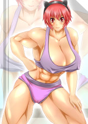 Rule 34 | 1girl, abs, alop-net, animal ears, breasts, cat ears, character request, covered erect nipples, hairband, hand on own hip, highres, hip focus, huge breasts, leaning forward, macto, muscular, red eyes, red hair, short hair, smile, solo, source request, thighs