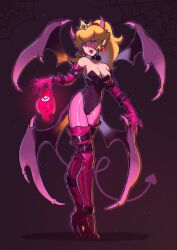 Rule 34 | 1girl, alternate costume, black choker, black leotard, blonde hair, boots, choker, crown, demon horns, demon tail, demon wings, earrings, elbow gloves, full body, gloves, halloween costume, hat, high heel boots, high heels, highres, holding, holding clothes, holding hat, horns, jewelry, leotard, long hair, looking at viewer, mario (series), multiple wings, nintendo, open mouth, pantyhose, pink eyes, pink gloves, pink pantyhose, pointy ears, ponytail, princess peach, purple background, purple footwear, red hat, red lips, saiwo (saiwoproject), shadow, simple background, solo, sphere earrings, strapless, strapless leotard, tail, thigh boots, wings