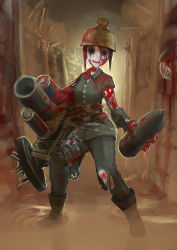 Rule 34 | 1girl, ammunition, artillery, barbed wire, blood, cannon, corpse, erica (naze1940), guro, helmet, highres, hollow eyes, military, military uniform, monster, mortar (bowl), mortar (weapon), mortar carrier, open mouth, original, self-propelled artillery, self-propelled mortar, shell, shell (projectile), siege weapon, torn clothes, trench, undead, uniform, world war i, zombie