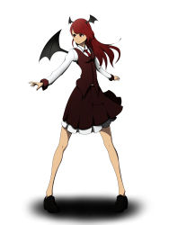 Rule 34 | &gt;:), 1girl, bat wings, danboru (jdanboru1182), dress shirt, frills, full body, head wings, highres, koakuma, loafers, long hair, long legs, long sleeves, looking to the side, midriff peek, necktie, outstretched arms, red eyes, red hair, red necktie, shadow, shirt, shoes, simple background, skirt, skirt set, smile, solo, spread legs, touhou, v-shaped eyebrows, vest, white background, white shirt, wings