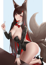 Rule 34 | 1girl, :p, absurdres, akagi (azur lane), alternate costume, animal ear fluff, animal ears, azur lane, black footwear, black hair, black leotard, blue background, blush, bow, bowtie, breasts, chinese commentary, closed mouth, commentary request, detached collar, fox ears, fox girl, fox tail, hand up, high heels, highres, holding, holding marker, ichikushi mojibake, kneeling, large breasts, leotard, long hair, long sleeves, looking at viewer, marker, multicolored hair, multiple tails, red bow, red bowtie, red hair, smile, tail, thighs, tongue, tongue out