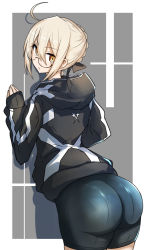 Rule 34 | 1girl, ahoge, artoria pendragon (fate), ass, back, bad id, bad twitter id, bike shorts, black jacket, black shorts, blonde hair, blush, braid, breasts, fate/grand order, fate (series), french braid, gin moku, glasses, highres, hood, hooded jacket, jacket, long hair, long sleeves, looking at viewer, looking back, mysterious heroine x alter (fate), mysterious heroine x alter (second ascension) (fate), semi-rimless eyewear, shorts, thighs, under-rim eyewear, yellow eyes