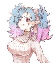Rule 34 | 1girl, unworn armor, blue hair, fire emblem, fire emblem fates, licking lips, looking at viewer, multicolored hair, nintendo, peri (fire emblem), pink hair, pirihiba, red eyes, solo, sweater, tongue, tongue out, turtleneck, turtleneck sweater, twintails, two-tone hair, upper body