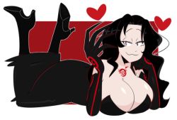 Rule 34 | 1girl, black hair, breasts, cleavage, fullmetal alchemist, heart, huge breasts, lust (fma), lying, on stomach, solo, tagme, the pose