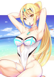 Rule 34 | 1girl, absurdres, adapted costume, armpits, arms up, bare arms, bare hips, bare legs, bare shoulders, beach, blonde hair, blue sky, blush, breasts, casual one-piece swimsuit, cleavage, closed mouth, cloud, collarbone, commentary request, daive, day, earrings, female focus, gem, green gemstone, hair between eyes, hair tie, high ponytail, highleg, highleg swimsuit, highres, jewelry, large breasts, long hair, looking at viewer, matching hair/eyes, mouth hold, mythra (radiant beach) (xenoblade), mythra (xenoblade), nintendo, ocean, one-piece swimsuit, orange eyes, outdoors, ponytail, sidelocks, sitting, skindentation, sky, solo, straight hair, strapless, strapless one-piece swimsuit, striped clothes, striped one-piece swimsuit, swimsuit, thigh strap, thighs, tiara, tying hair, vertical-striped clothes, vertical-striped one-piece swimsuit, very long hair, water, white one-piece swimsuit, xenoblade chronicles (series), xenoblade chronicles 2