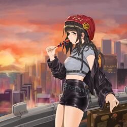 Rule 34 | 1girl, beanie, belt, black belt, black hair, black jacket, black shorts, blue eyes, blush, breasts, briefcase, chest harness, city, cloud, drainer 38, from side, guard rail, hair behind ear, harness, hat, highres, holding, holding skewer, jacket, korean commentary, leather, leather jacket, long hair, medium breasts, midriff peek, nail polish, off shoulder, open mouth, orange nails, original, red hat, shorts, skewer, sky, solo, sunset