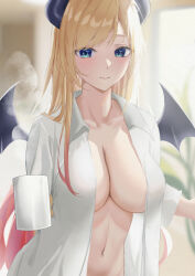 Rule 34 | 1girl, blonde hair, blue eyes, breasts, cleavage, closed mouth, coffee mug, cup, demon girl, demon horns, demon wings, gradient hair, haro art, holding, holding cup, hololive, horns, large breasts, long hair, looking at viewer, mug, multicolored hair, navel, open clothes, open shirt, shirt, smile, solo, stomach, very long hair, virtual youtuber, white shirt, wings, yuzuki choco, yuzuki choco (1st costume)