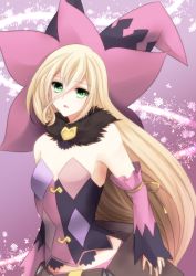 Rule 34 | 1girl, armpits, asymmetrical sleeves, blonde hair, book, cowboy shot, detached sleeves, feather boa, green eyes, hat, highres, long hair, looking at viewer, magilou (tales), mismatched sleeves, parted lips, purple background, sakuno ririsu, solo, tales of (series), tales of berseria, witch hat