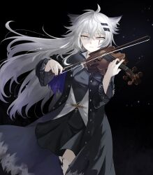 Rule 34 | 1girl, animal ear fluff, animal ears, arknights, black dress, black jacket, black nails, bow (music), breasts, closed mouth, dress, floating hair, grey eyes, grey hair, hair between eyes, hair ornament, hairclip, highres, holding, holding instrument, instrument, itonatsu, jacket, lappland (arknights), lappland (refined horrormare) (arknights), long hair, long sleeves, nail polish, open clothes, open jacket, small breasts, solo, very long hair, violin, wide sleeves