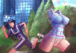 Rule 34 | 1boy, 1girl, absurdres, blurry, blush, bodypaint, boku no hero academia, breasts, building, depth of field, eltonel, exercising, hagakure tooru, highres, iida tenya, invisible, large breasts, nipples, outdoors, painted clothes, pussy, running, sweat, tree, uncensored