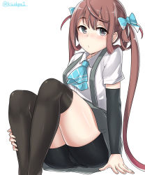 Rule 34 | 1girl, absurdres, arm at side, asagumo (kancolle), ascot, bike shorts, black shorts, black thighhighs, blue ascot, blue bow, bow, brown hair, collared shirt, detached sleeves, feet, feet out of frame, grey skirt, hair bow, hair rings, highres, kantai collection, kiritto, knees up, legs together, long hair, long sleeves, shiny skin, shirt, short sleeves, shorts, shorts under skirt, sitting, skirt, solo, suspender skirt, suspenders, thighhighs, thighs, twintails, twitter username, upskirt, white shirt, wing collar