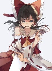 Rule 34 | 1girl, ascot, bare shoulders, black hair, blood, blood on face, bow, closed mouth, collarbone, collared shirt, commentary request, crossed arms, detached sleeves, frills, grey background, grey eyes, hair ornament, hair tubes, hakurei reimu, hands up, higa (gominami), highres, long sleeves, looking at viewer, medium hair, ofuda, orange ascot, red bow, red shirt, red skirt, shirt, simple background, skirt, solo, standing, teeth, touhou, wide sleeves