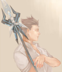 Rule 34 | 1boy, brown background, brown hair, closed eyes, closed mouth, collared shirt, hinokumo f, holding, holding polearm, holding weapon, male focus, partially unbuttoned, polearm, protagonist (f-kare), shirt, short hair, shoukan yuusha to f-kei kareshi, simple background, sleeves rolled up, solo, spear, upper body, weapon, white shirt