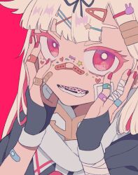 Rule 34 | 1girl, bandaged arm, bandaged hand, bandages, bandaid, bandaid on arm, bandaid on face, bandaid on hand, bandaid on nose, black gloves, black ribbon, blonde hair, braces, commentary request, decora, fingerless gloves, gloves, hair ornament, hair ribbon, hairclip, highres, kantai collection, long hair, looking at viewer, nail polish, pink nails, red background, red eyes, ribbon, scarf, simple background, solo, sumoffu, upper body, white scarf, yuudachi (kancolle), yuudachi kai ni (kancolle)