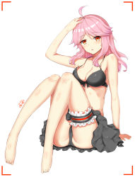 Rule 34 | 1girl, absurdres, ahoge, arm support, ass, bare legs, barefoot, bikini, black bikini, blush, breasts, bridal garter, cleavage, collarbone, crotch, flipped hair, frilled bikini, frills, front-tie bikini top, front-tie top, hair over shoulder, halterneck, hand on own head, highres, knees together feet apart, knees up, light blush, long hair, looking at viewer, on ground, open mouth, pink hair, red eyes, sitting, solo, swimsuit, thighs, tirpitz (warship girls r), viewfinder, warship girls r, white background, zhudacaimiao