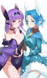 Rule 34 | 2girls, animal ear headwear, animal ears, black choker, black hairband, black mittens, blue capelet, blue eyes, blue hair, blue robe, breast press, breasts, brown gloves, capelet, challenger dominiel, choker, cleavage, closed mouth, dominiel nixied, epic seven, fake animal ears, fishnet pantyhose, fishnets, fur-trimmed robe, fur trim, gloves, hairband, highres, jacket, light blush, long hair, long sleeves, looking at viewer, medium breasts, mittens, multiple girls, off shoulder, open clothes, open jacket, orange eyes, pantyhose, purple hair, purple jacket, purple skirt, rabbit ears, robe, scarled epic7, short hair, simple background, skirt, smile, thighhighs, white background, white thighhighs