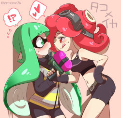Rule 34 | !?, 2girls, :p, agent 3 (splatoon), artist name, bike shorts, blush, commentary, eromame, fangs, fingerless gloves, flying sweatdrops, gloves, goggles, goggles on head, green eyes, green hair, hand on own hip, heart, inkling, inkling girl, inkling player character, long hair, mask, midriff, monster girl, multiple girls, navel, nintendo, octoling, open mouth, red eyes, red hair, short hair, simple background, size difference, smile, splatoon (series), splatoon 1, squidbeak splatoon, super soaker, takozonesu, tank top, tentacle hair, tongue, tongue out, translated, yuri