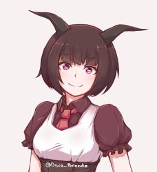 Rule 34 | 1girl, black hair, closed mouth, collared shirt, commentary, disco brando, grey background, highres, horizontal pupils, horns, looking at viewer, necktie, original, puffy short sleeves, puffy sleeves, purple eyes, red necktie, shirt, short sleeves, simple background, smile, solo, upper body, wing collar