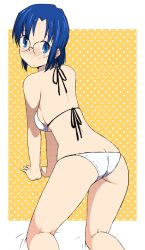 00s 1girl all_fours ass bikini blue_eyes blue_hair blush butt_crack ciel_(tsukihime) female_focus flat_ass from_behind glasses katatsuka_kouji looking_at_viewer looking_back md5_mismatch on_ outside_border polka_dot polka_dot_background short_hair solo swimsuit tsukihime type-moon white_bikini yellow_background