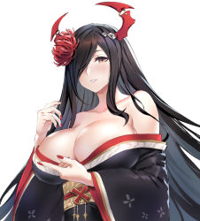 Rule 34 | 1girl, areola slip, azur lane, bare shoulders, between breasts, black hair, black kimono, blush, book, breasts, brown eyes, cleavage, collarbone, flower, friedrich der grosse (azur lane), friedrich der grosse (dark raiments of gagaku) (azur lane), hair flower, hair ornament, hair over one eye, hori (hori no su), horns, japanese clothes, kimono, large breasts, long hair, long sleeves, looking at viewer, nail polish, obi, off shoulder, parted lips, red flower, red horns, red nails, sash, sidelocks, smile, solo, very long hair, wide sleeves