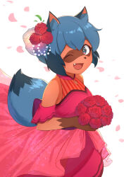 Rule 34 | 1girl, animal ear fluff, animal ears, animal nose, bare shoulders, blue eyes, blue hair, body fur, bouquet, brand new animal, brown fur, clothing cutout, dress, falling petals, fang, female focus, flower, furry, furry female, hair flower, hair ornament, hand up, happy, heart, heart in eye, highres, holding, holding bouquet, imori (lizzy), kagemori michiru, looking at viewer, matching hair/eyes, multicolored hair, off-shoulder dress, off shoulder, one eye closed, open mouth, petals, raccoon ears, raccoon girl, raccoon tail, red dress, red flower, red rose, rose, short sleeves, sidelocks, simple background, smile, solo, standing, symbol in eye, tail, two-tone fur, two-tone hair, white background, wink, yellow pupils