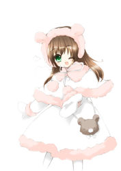 Rule 34 | 1girl, bow, bowtie, capelet, cowboy shot, frills, gloves, hair ornament, hairclip, long hair, looking at viewer, original, pantyhose, pink bow, pink bowtie, sakura noel, simple background, solo, standing, white background, white pantyhose