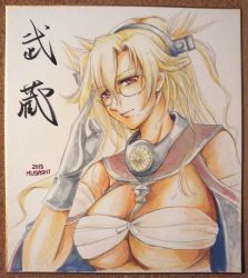 Rule 34 | absurdres, bandages, breasts, budget sarashi, capelet, character name, cleavage, collar, colored pencil (medium), commentary request, daina-ber, dark-skinned female, dark skin, dated, glasses, gloves, hair between eyes, headgear, highres, kantai collection, large breasts, musashi (kancolle), platinum blonde hair, pointy hair, red eyes, salute, sarashi, semi-rimless eyewear, shikishi, short hair with long locks, smile, solo, tan background, traditional media, twintails, two side up, white gloves, white hair
