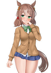 Rule 34 | 1girl, absurdres, alternate costume, alternate hairstyle, animal ears, blue skirt, blush, bow, breasts, brown cardigan, brown hair, cardigan, clover hair ornament, commentary request, fine motion (umamusume), hair between eyes, hair ornament, highres, horse ears, horse girl, horse tail, licking lips, medium breasts, medium hair, miniskirt, multicolored hair, pleated skirt, school uniform, simple background, skirt, smile, solo, streaked hair, striped, striped bow, tail, tf cafe, tongue, tongue out, umamusume, white background, white hair