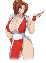 Rule 34 | 1girl, bare shoulders, black eyes, blush, breasts, brown hair, cleavage, covered erect nipples, curvy, fatal fury, greco roman (spiral brain), hand on own hip, highres, huge breasts, japanese clothes, legs, long hair, looking at viewer, one eye closed, panties, ponytail, shiranui mai, simple background, smile, snk, standing, the king of fighters, thighs, underwear, wink