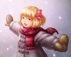 Rule 34 | 1girl, blonde hair, coat, embodiment of scarlet devil, fang, female focus, kannazuki (devilcode666), mittens, open mouth, outstretched arms, plaid, plaid scarf, red scarf, rumia, scarf, short hair, snow, solo, spread arms, touhou, winter clothes