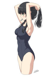 Rule 34 | 1girl, absurdres, adjusting hair, armpits, black one-piece swimsuit, blush, breasts, collarbone, covered navel, dated, green eyes, highres, medium breasts, medium hair, mouth hold, one-piece swimsuit, original, ponytail, school swimsuit, simple background, solo, standing, swimsuit, thighs, twitter username, unasaka ryou, white background