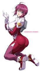 Rule 34 | 1girl, ahoge, ass, boots, breasts, character name, full body, gundam, gundam seed, gundam seed destiny, hair between eyes, halcon, heart, highres, large breasts, long sleeves, looking at viewer, looking back, lunamaria hawke, open mouth, purple eyes, purple hair, short hair, simple background, skin tight, smile, solo, white background