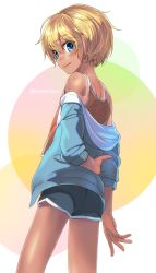 Rule 34 | 1girl, blonde hair, blue eyes, blue jacket, blush, brown camisole, camisole, dolphin shorts, female focus, from behind, highres, hood, hooded jacket, iris (ryou@ryou), jacket, looking back, off shoulder, original, ryou@ryou, short hair, shorts, smile, solo, tan, twitter username