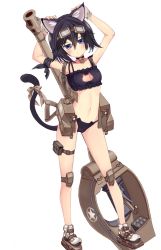 Rule 34 | 1girl, animal ears, armband, arms behind head, artist request, bell, neck bell, black bra, black hair, black legwear, blue eyes, blush, boots, bra, breasts, cat cutout, cat ear panties, cat ears, cat lingerie, cat tail, choker, cleavage cutout, clothing cutout, derivative work, frown, goggles, goggles on head, head tilt, highres, knee pads, looking at viewer, m18 hellcat (panzer waltz), machinery, meme attire, navel, panties, panzer waltz, personification, ribbon, short hair, small breasts, solo, source request, stomach, tail, tail ornament, tail ribbon, thigh strap, underwear, underwear only