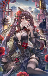 Rule 34 | 1girl, black cat, black dress, blush, boo tao (genshin impact), breasts, brown hair, cat, dress, duplicate, genshin impact, ghost, highres, hu tao (genshin impact), long hair, looking at viewer, open mouth, pixel-perfect duplicate, red eyes, small breasts, symbol-shaped pupils, torino aqua, twintails, very long hair