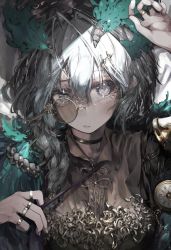 Rule 34 | 1girl, :d, blush, braid, brown shirt, choker, collarbone, commentary request, formal, gaku, gold, gold trim, green choker, grey eyes, hair between eyes, hair ornament, hand on forehead, hand on own forehead, highres, jewelry, knot, long hair, looking at viewer, lying, monocle, monocle chain, necktie, open mouth, original, pocket watch, pulling, ring, shirt, smile, solo, watch, white hair