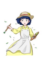 Rule 34 | 1girl, absurdres, apron, black eyes, blue hair, dress, flower, hat, hat flower, highres, holding, holding brush, holding palette, kaze tachinu, kondou rururu, leaf, looking to the side, open mouth, palette (object), satomi naoko, short hair, simple background, solo, sun hat, white apron, white background, yellow dress