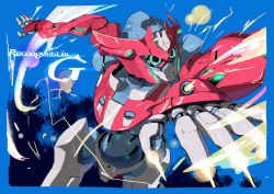 Rule 34 | blue background, copyright name, explosion, green eyes, gundam, gundam g no reconguista, highres, looking to the side, mack knife, mecha, mobile suit, no humans, robot, science fiction, solo, tomatomaton