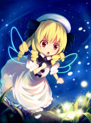 Rule 34 | &gt;:o, 1girl, :o, awl, bad id, bad pixiv id, blonde hair, bow, child, dress, drill hair, female focus, glowing, grass, hair bow, hat, highres, luna child, red eyes, sky, solo, star (sky), starry sky, toaru awl, touhou, v-shaped eyebrows, wings