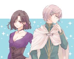 1boy 1girl blue_background breasts brown_hair cape cleavage closed_mouth collarbone commentary_request ear_piercing earrings gold_trim green_eyes grey_hair hair_ribbon jewelry looking_at_viewer mamenogawa medium_breasts medium_hair octopath_traveler octopath_traveler_ii piercing purple_eyes purple_ribbon ribbon smile sparkle standing temenos_mistral throne_anguis two-tone_background white_background white_cape