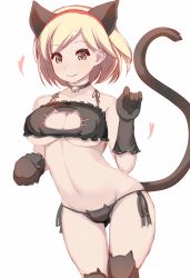 Rule 34 | 10s, 1girl, animal ear legwear, animal ears, bare shoulders, bell, neck bell, black panties, blonde hair, blush, bra, breasts, brown eyes, cat ear legwear, cat cutout, cat ear panties, cat ears, cat lingerie, choker, cleavage, cleavage cutout, clothing cutout, djeeta (granblue fantasy), granblue fantasy, highres, jingle bell, large breasts, looking at viewer, meme attire, navel, open mouth, panties, paw pose, shiki (psychedelic g2), short hair, side-tie panties, simple background, smile, solo, tail, tareme, underboob, underwear, underwear only, white background